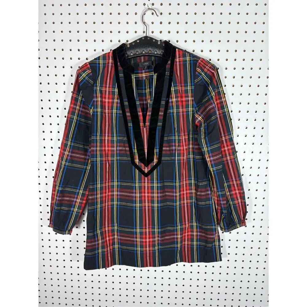 J.Crew Plaid velvet trim tunic blouse size XS